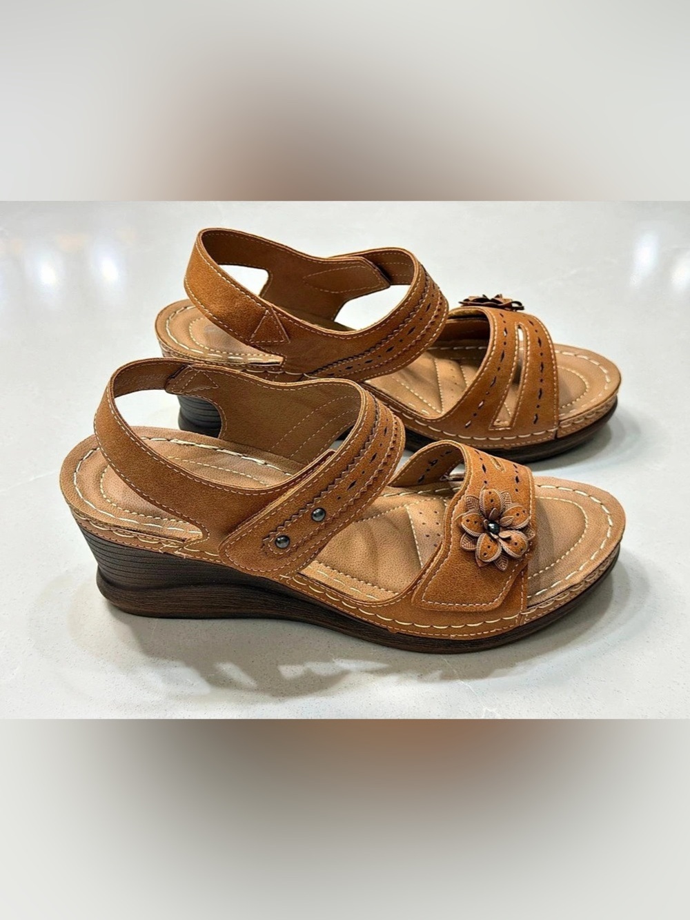 Patrizia by Spring Step Lelise Tan Faux Leather Floral Wedge Sandals Size 9